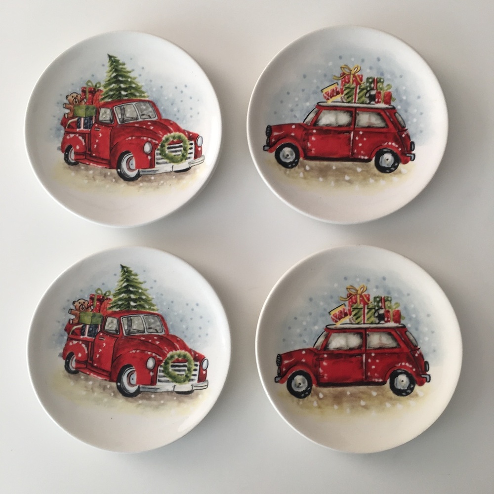 Maxcera Christmas Appetizer Plates Vintage Red Truck/Car Set of 4